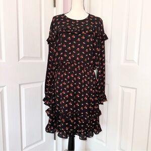 NWT Cece long sleeve ruffled black & red floral crew neck midi dress, sz Large